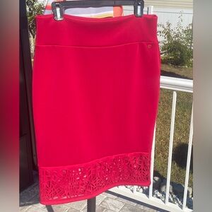 Thalia Sodi Deep Rose Red Skirt with Windowpane & Mesh Detail at Bottom